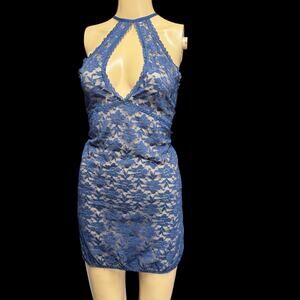 Womens Blue Sheer Lace Halter Lingerie Babydoll Mini Sz XL Open Back Nightwear